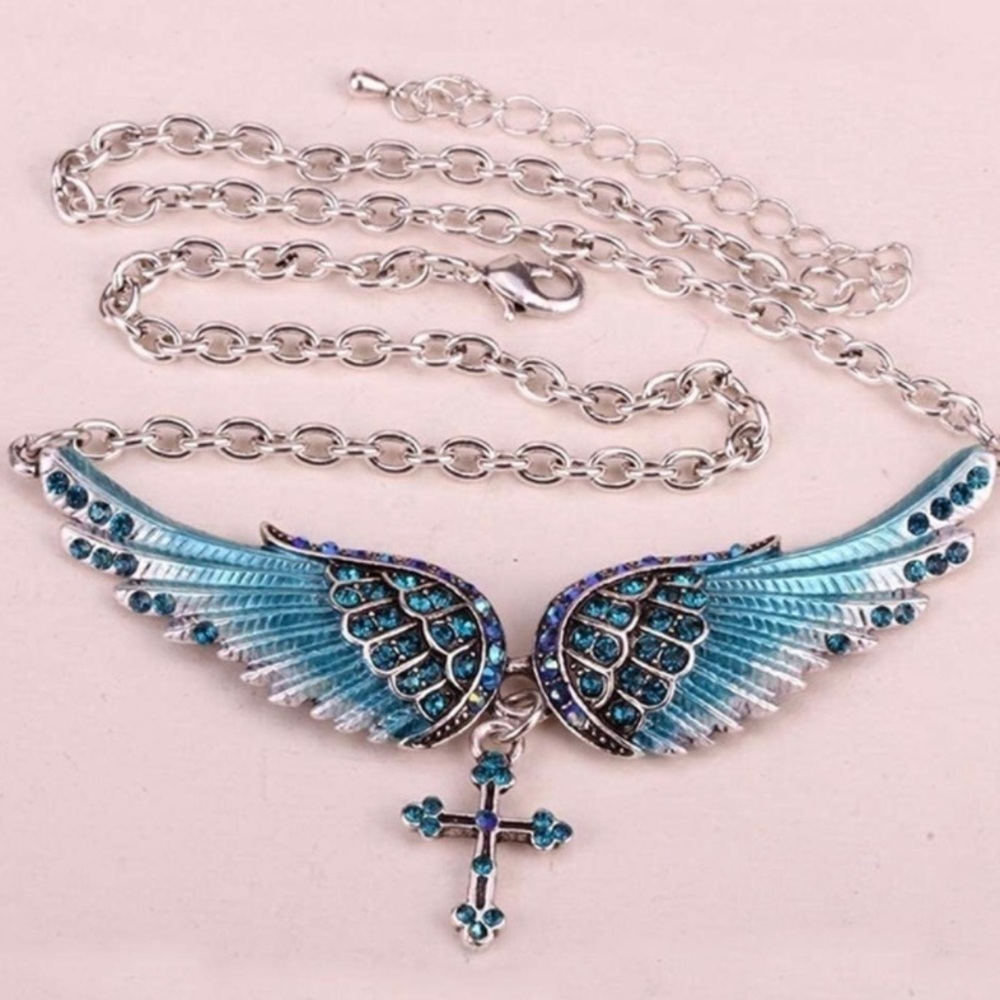 Gorgeous blue Angel wings with cross necklace